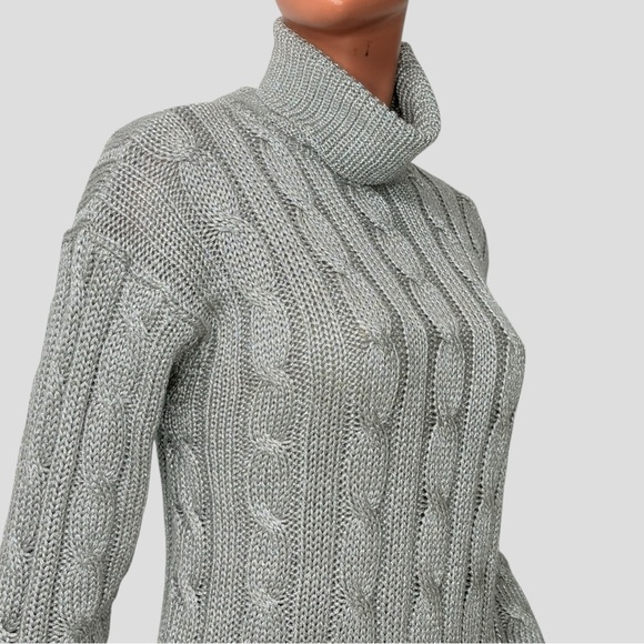 90s Liz Claiborne Women’s M Metallic Cable Knit Turtleneck Sweater Silver Gray - Picture 5 of 16
